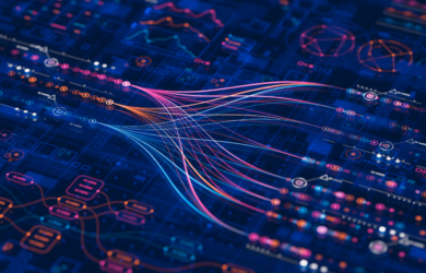 “Abstract visualisation of complex data flows across interconnected systems, with neon lines moving through charts and network nodes, representing how data travels, transforms, and influences AI outputs—highlighting the importance of data governance, integrity, and reliability in AI decision-making
