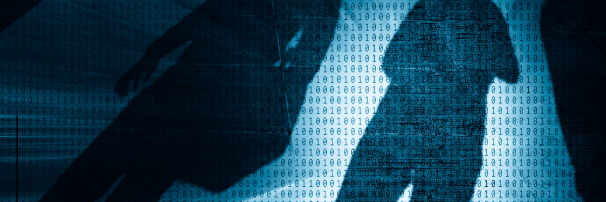 Silhouetted figures standing against a backdrop filled with rows of binary code, creating a dark, abstract digital‑security atmosphere.
