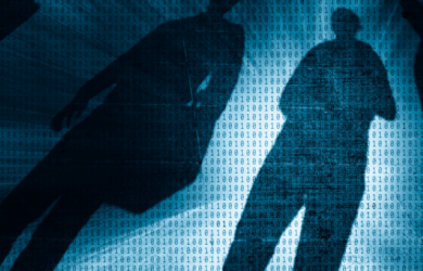 Silhouetted figures standing against a backdrop filled with rows of binary code, creating a dark, abstract digital‑security atmosphere.