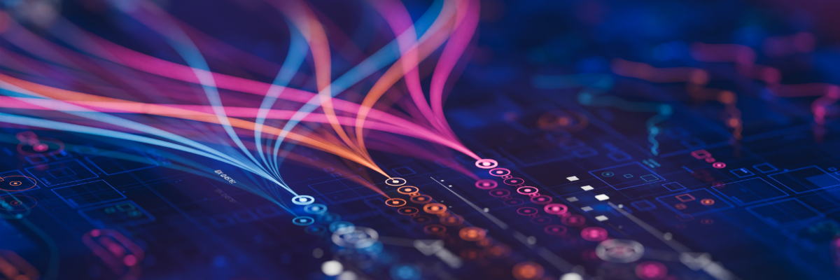 Abstract visualisation of complex data flows across interconnected systems, with neon lines moving through charts and network nodes, representing how data travels, transforms, and influences AI outputs—highlighting the importance of data governance, integrity, and reliability in AI decision-making