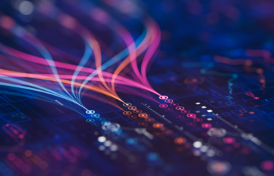 Abstract visualisation of complex data flows across interconnected systems, with neon lines moving through charts and network nodes, representing how data travels, transforms, and influences AI outputs—highlighting the importance of data governance, integrity, and reliability in AI decision-making